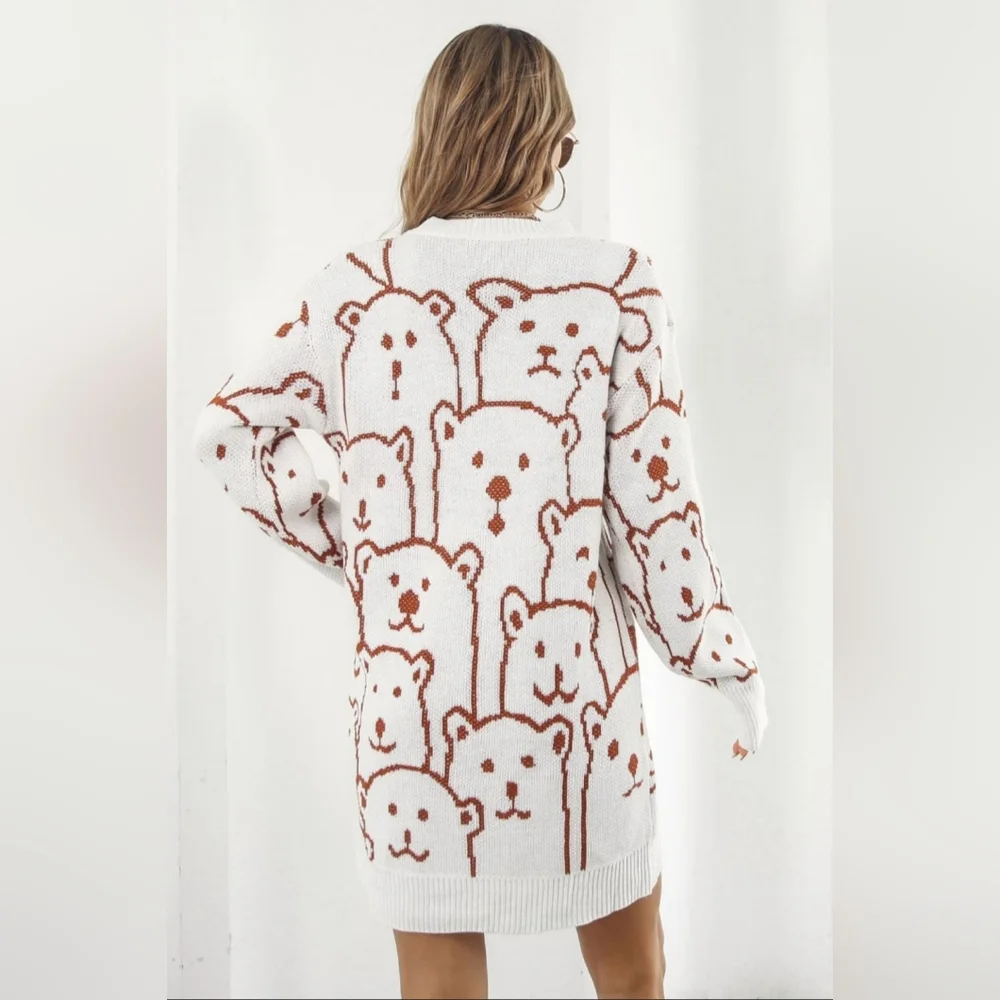 Polar Bear Round Neck Cozy Knit Long Sleeve Oversized Mini Sweater Dress White - Picture 6 of 11